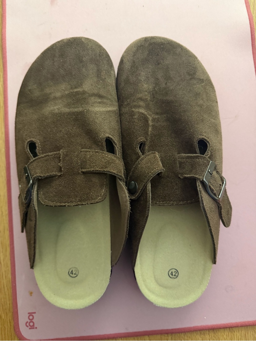 Womens Brown Suede Slip-On Clogs with Adjustable Buckle